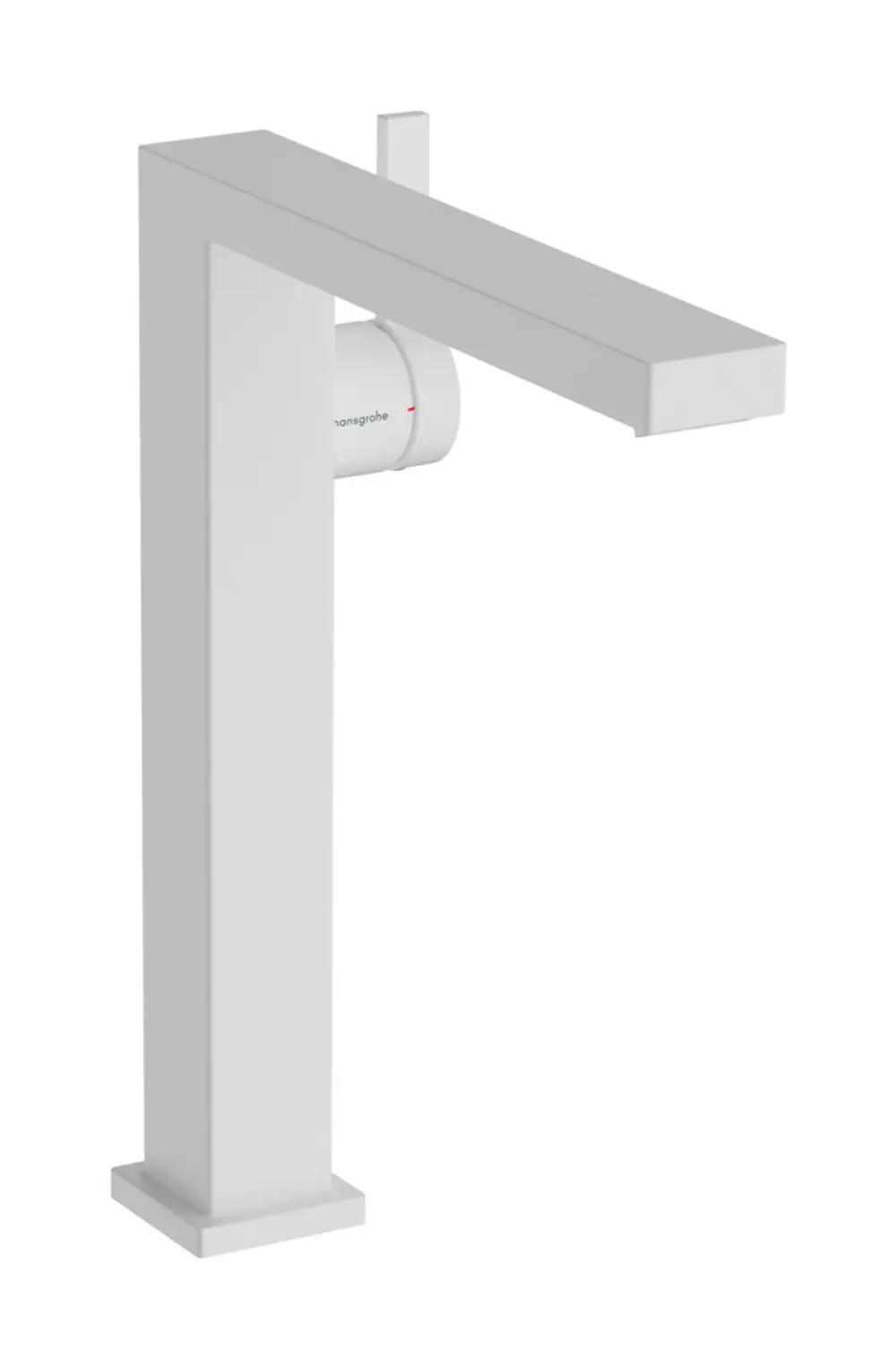 Einhebel-Waschtischmischer mit rechteckigem Auslauf in mattem Weiß, hergestellt von Hansgrohe. Geeignet für Aufsatzwaschtische, mit Push-Open Ablaufgarnitur.
